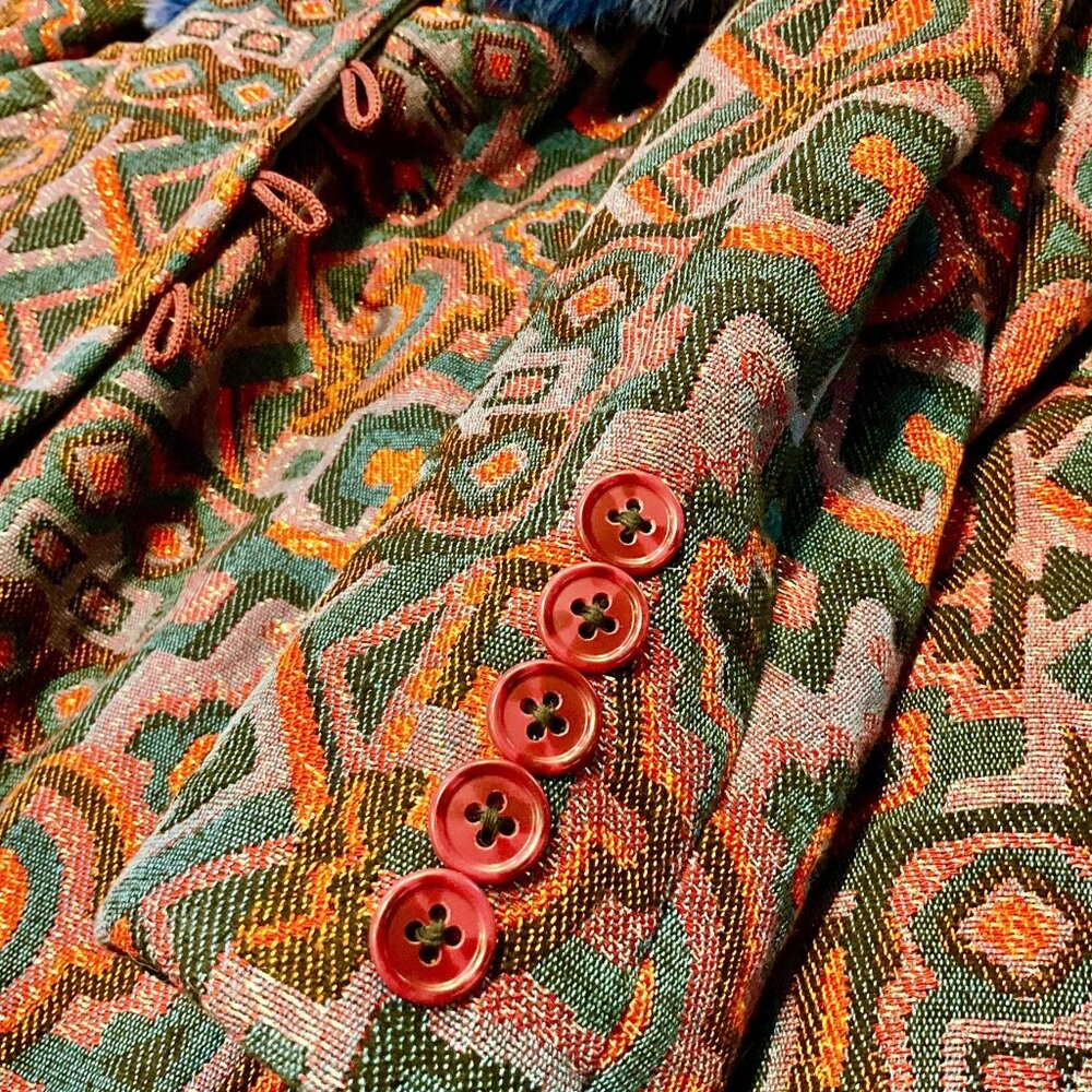 Custom Tailored in Italy Brocade Coat with Genuine Blue Fox Collar Size L - Picture 4 of 9
